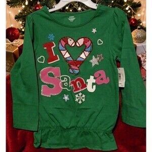 Holiday Time Girls 3T Green "I Love Santa" Long Sleeve T-Shirt Glitter Ruffle